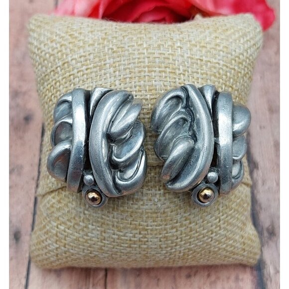 Vintage Earrings Clip On 80's Runway Sculptural Modernist Silver Tone Chunky - Picture 1 of 6